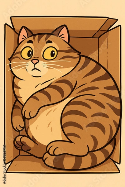 Fototapeta Cute cartoon illustration of a plump tabby cat squeezing into a small cardboard box, comical snug-fit concept ideal for humor greeting cards, pet blogs, children’s books and playful social media posts