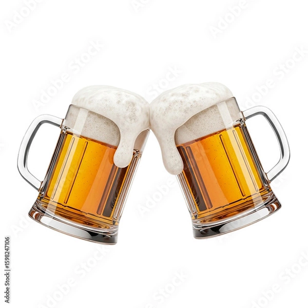 Fototapeta Two clinking beer mugs with foam realistic 3D render celebration drink symbol concept for party cheers alcohol toast or pub beverage bar festival and friendship element
