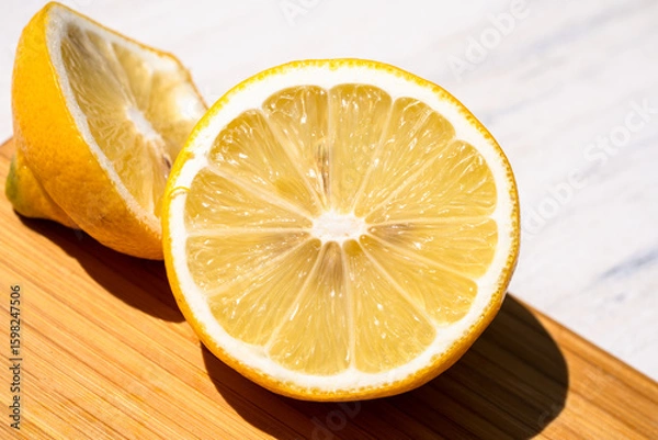 Fototapeta Closeup of lemon on cutting board in full sunlight with strong shadows