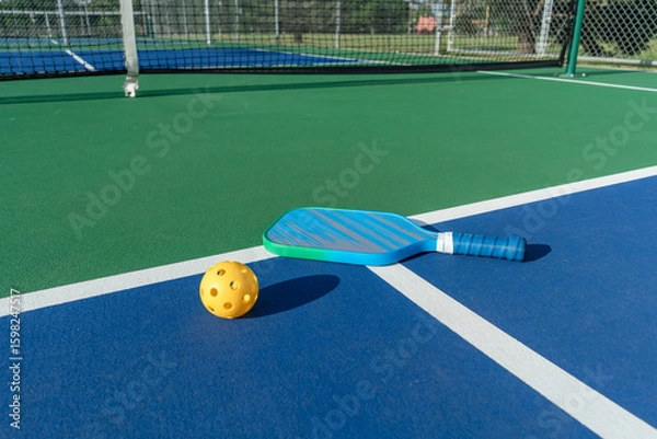 Fototapeta Low-angle side view of pickleball paddle and yellow ball on court surface with net