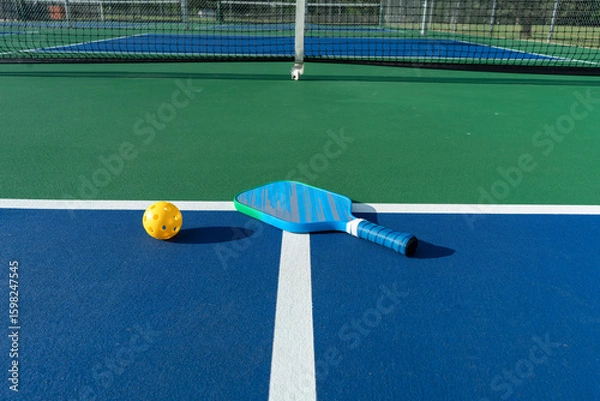 Fototapeta Low-angle view of pickleball paddle and ball on court surface with net