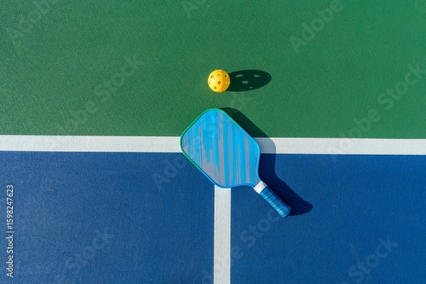 Fototapeta High-angle view of pickleball paddle and ball on court surface