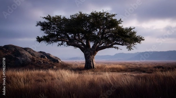 Fototapeta Majestic baobab tree standing in African savanna landscape