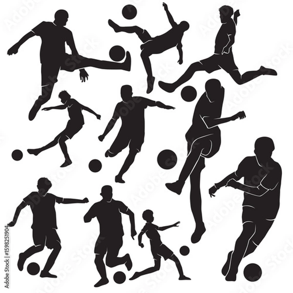 Fototapeta Illustration vector graphics of a set footbal players Silhouette in various dynamic poses perfect for background, stickers, Clipart, decorations, sports themed,  logo, mascot, etc