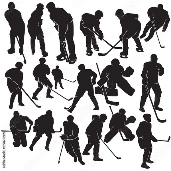 Fototapeta Illustration vector graphics of a set Ice hockey player silhouette in various dynamic poses perfect for background, stickers, Clipart, decorations, logo, icon, sports themed, etc