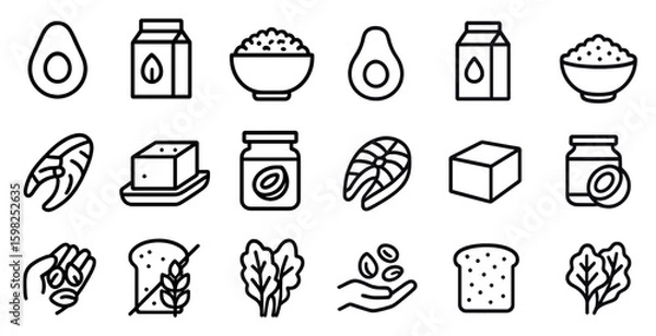 Fototapeta Healthy food line icons set – outline, linear, organic and nutritious symbols