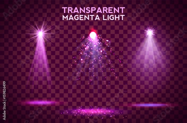Obraz Transparent magenta lighy effects on a dark background. Spotlights, flare, explosion and stars.