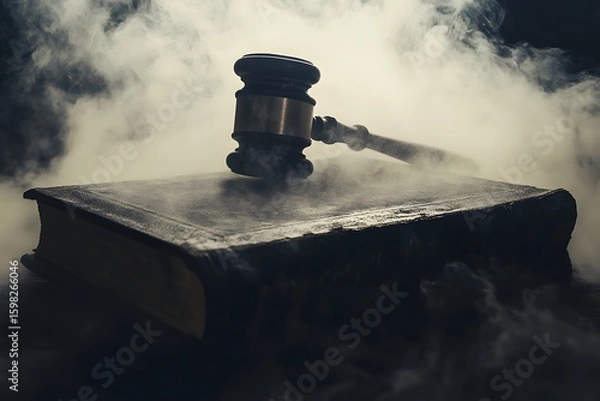 Obraz A conceptual image of a dusty law book with a faintly blurred silhouette of a judge s gavel looming over it 
