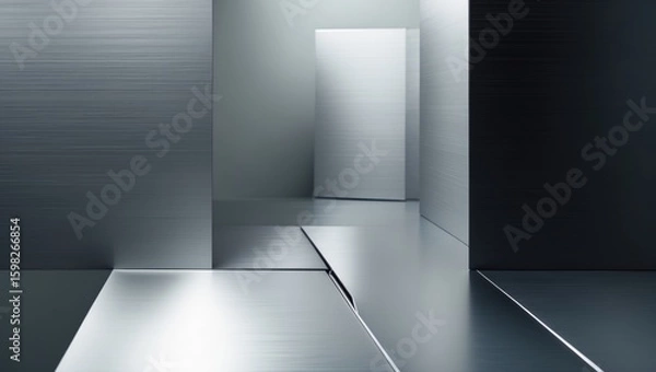Obraz A modern minimalist interior with metallic surfaces, sleek lines, and geometric design elements.
