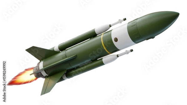 Fototapeta Military Missile Launch, 3D Render of a Green Guided Missile in Flight