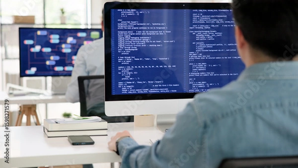 Obraz Smart AI cyber bot IT deep tech tools help write prompt python code web screen. Asia people asian man typing busy work predict big data mining center office upskill STEM expert skill job coder course.