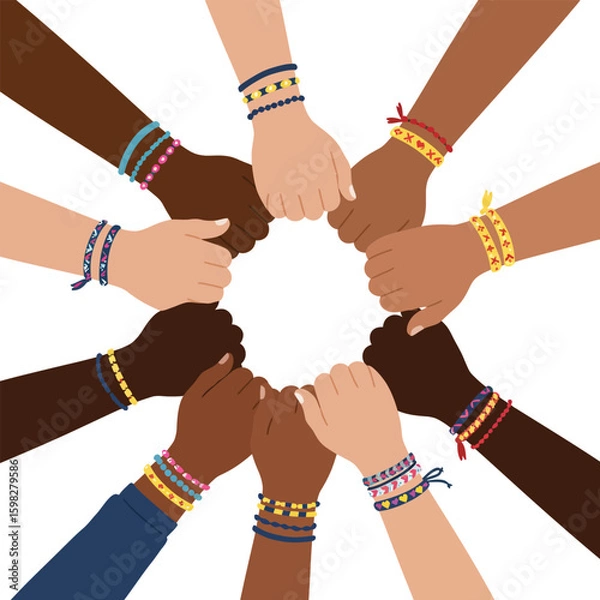 Fototapeta Hands of diverse group of people putting together. Concept of cooperation, unity, togetherness, partnership.