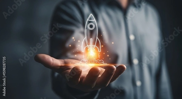 Obraz Launching a future with innovation and technology, a startup rocket takes off from a hand, symbolizing new business, growth and opportunity.