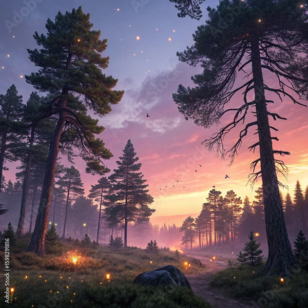 Fototapeta Magical Twilight Forest Path with Glowing Fireflies and Vibrant Sunset Sky

twilight forest, magical forest, glowing fireflies, sunset sky, enchanted woods, mystical landscape, nature path, fantasy fo