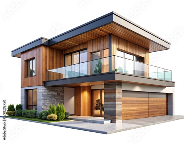 Fototapeta  Luxury Two-Story Villa with Balcony and Garage – Architectural 3D Model Isolated on transparent.