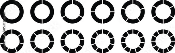 Fototapeta Circle divides on 1 to 9 equal parts. Wheel round diagram part symbol. Infographic element round shape, Circle semicircle quarter shapes. Black segmented circle set. 