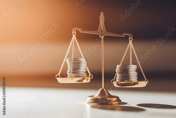 Fototapeta A beautifully lit image of a golden scale with stacks of silver coins on each side, suggesting a balance or imbalance in financial value.