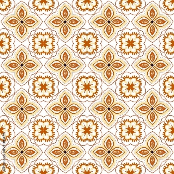 Fototapeta Seamless vintage tile pattern inspired by traditional Asian motifs in warm orange and cream tones. Ideal for fabric printing, home decor, tiles, stationery, and surface designs.
