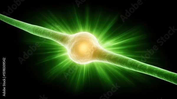 Fototapeta Glowing green neuron cell illustration used to represent neural invasion by metastatic cancer, showing interaction with nervous system.
