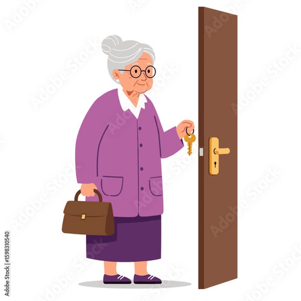 Obraz Elderly woman standing by door with key in hand and handbag