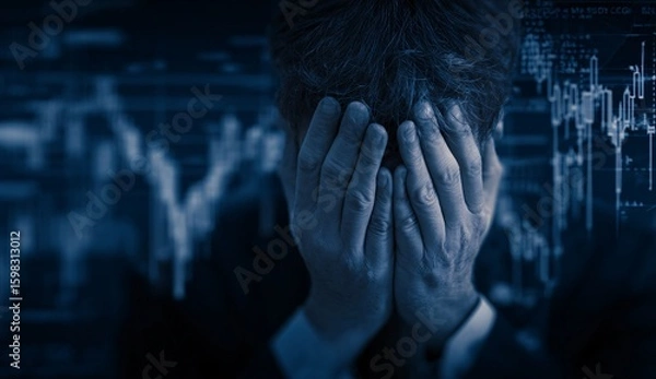 Fototapeta Man in front of stock charts despair due to financial loss in business recession