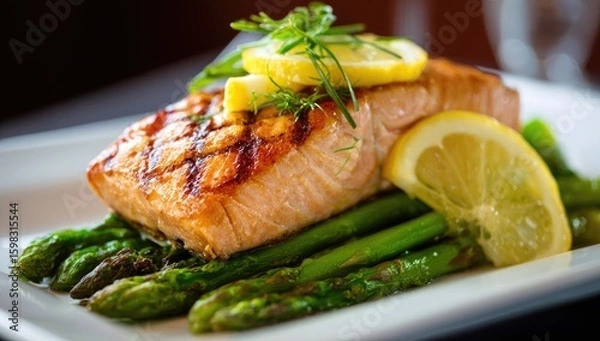 Fototapeta Grilled salmon fillet atop asparagus, garnished with lemon slices and herbs