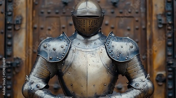 Fototapeta Medieval knight's armor displayed against a dark wooden door.