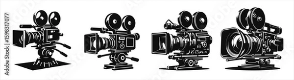 Obraz Set of Black silhouette of a professional movie camera on white background