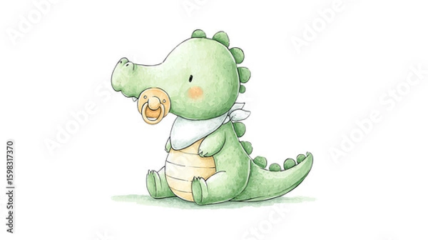 Obraz Baby Alligator Sits With Pacifier And Bib Isolated.