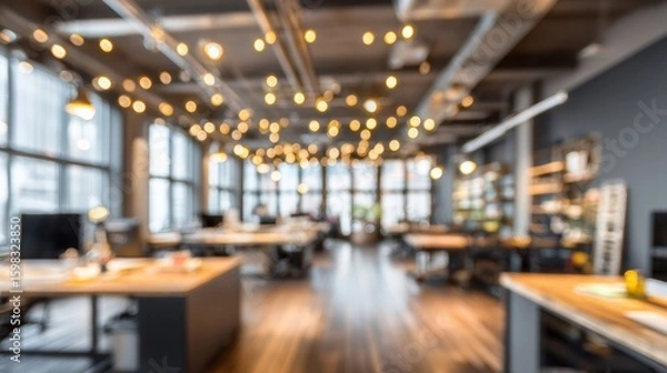 Fototapeta Modern office interior with warm lighting, spacious workstations, and an inviting atmosphere for collaboration.