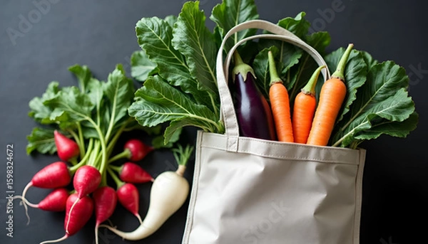 Obraz キャンバストートにあふれる新鮮な野菜たち ─ ナスやニンジン、ラディッシュが映える彩り豊かな野菜の静物構図、暗めの背景に際立つ自然の恵みと健康的な暮らしの象徴