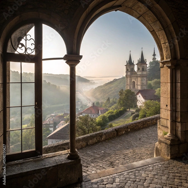 Fototapeta Historic Castle View Through Stone Archway with Morning Mist Over Valley


