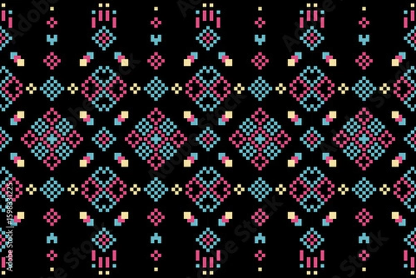 Obraz A seamless pixel art pattern inspired by traditional ethnic textiles. Featuring geometric motifs and intricate symmetrical designs, perfect for fashion, fabric prints, digital backgrounds, and decorat