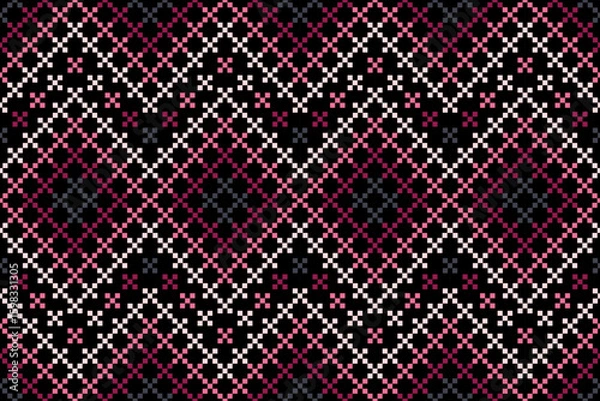 Obraz A seamless pixel art pattern inspired by traditional ethnic textiles. Featuring geometric motifs and intricate symmetrical designs, perfect for fashion, fabric prints, digital backgrounds, and decorat
