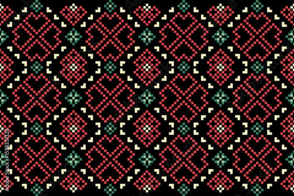 Obraz A seamless pixel art pattern inspired by traditional ethnic textiles. Featuring geometric motifs and intricate symmetrical designs, perfect for fashion, fabric prints, digital backgrounds, and decorat