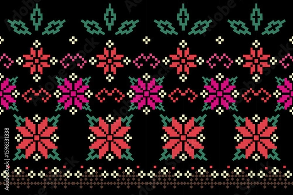 Obraz A seamless pixel art pattern inspired by traditional ethnic textiles. Featuring geometric motifs and intricate symmetrical designs, perfect for fashion, fabric prints, digital backgrounds, and decorat