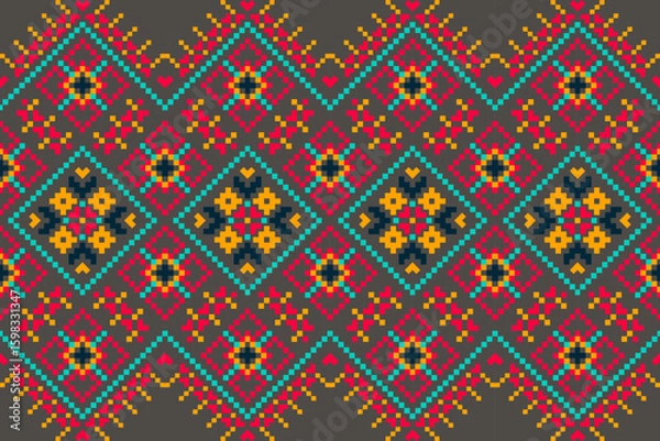 Obraz A seamless pixel art pattern inspired by traditional ethnic textiles. Featuring geometric motifs and intricate symmetrical designs, perfect for fashion, fabric prints, digital backgrounds, and decorat
