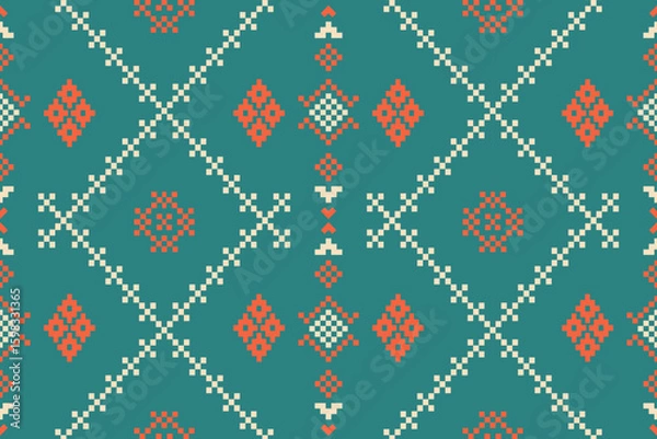 Obraz A seamless pixel art pattern inspired by traditional ethnic textiles. Featuring geometric motifs and intricate symmetrical designs, perfect for fashion, fabric prints, digital backgrounds, and decorat
