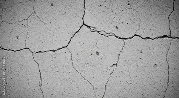 Fototapeta Monochrome background of a cracked concrete wall. Abstract grunge texture with deep fissures.