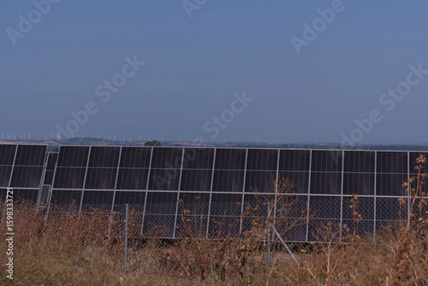 Obraz Solar panels are generating sustainable energy, with visible wind turbines on the horizon, contributing to a cleaner future