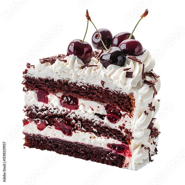 Fototapeta Decadent Black Forest Cake Slice with Whipped Cream and Cherries