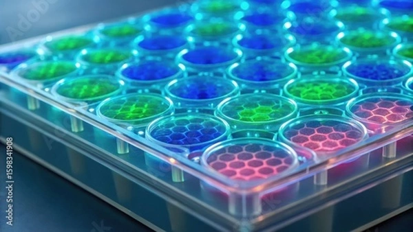 Fototapeta Colorful petri dishes filled with vibrant liquids, arranged neatly in a laboratory setting, showcasing scientific experimentation and research.