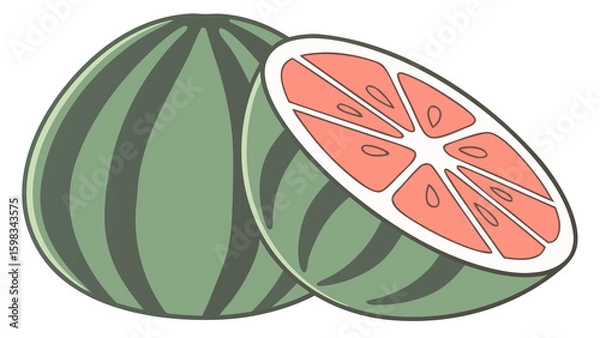 Obraz Flat illustration of grapefruit half with coral-pink interior and green rind, white backdrop.


