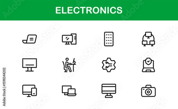 Fototapeta Electronics professional unique line icon pack — Modern vector outlines featuring laptops, smartphones, wearables, chips, sensors, drones, routers, green tech
