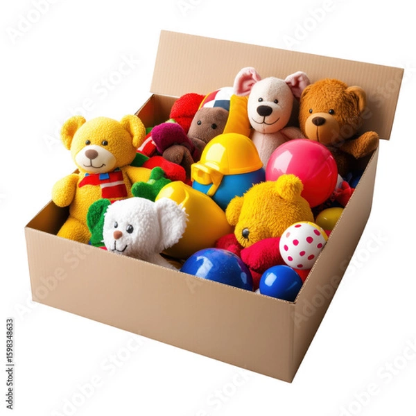 Fototapeta A cardboard box overflowing with cuddly teddy bears and diverse childhood toys representing fun and play