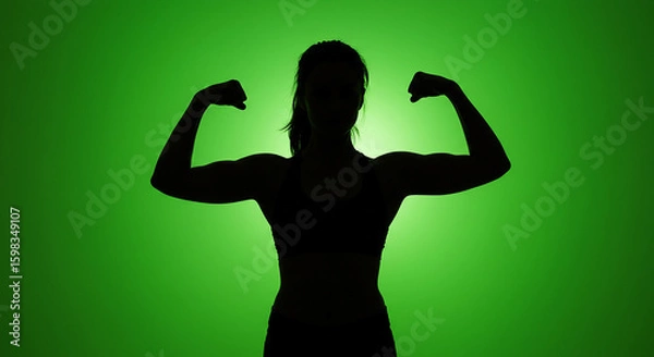 Fototapeta Silhouette of a Strong Woman Flexing Muscles on Green Background
