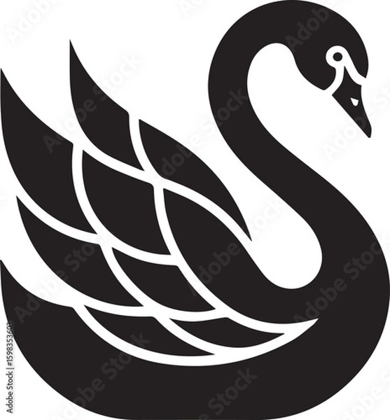 Fototapeta Elegant black swan silhouette icon, a graceful bird with stylized wings. Vector graphic illustration of a beautiful waterfowl symbol isolated on a white background for branding or design.