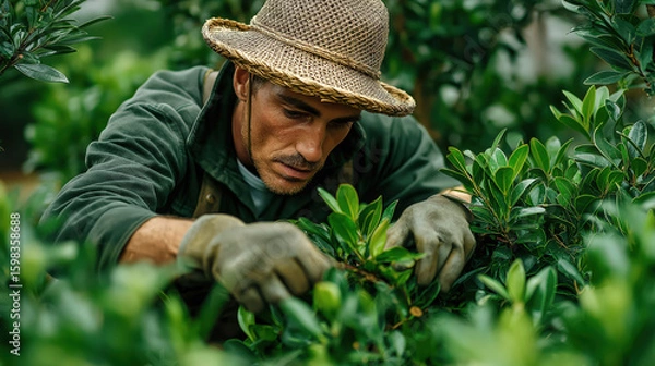 Fototapeta gardener in a straw hat and gloves carefully tends to lush green shrubs, embodying patience, focus, and a deep connection with nature