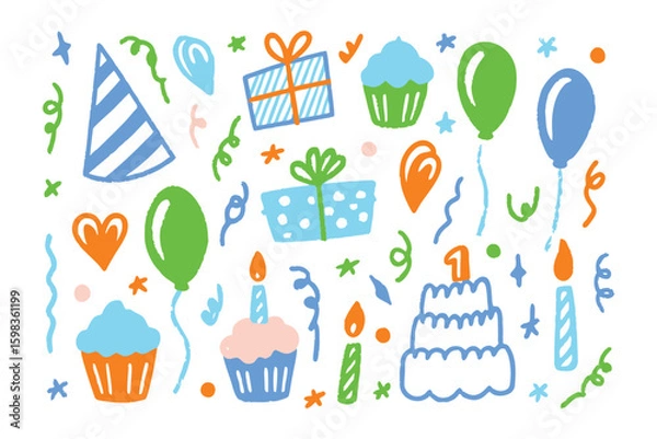 Fototapeta Festive Birthday Elements: Delightful hand-drawn elements create a charming scene, perfect for celebrating a joyous birthday occasion.