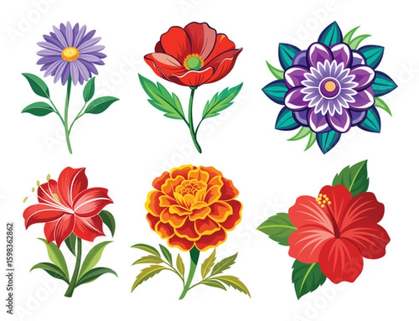 Fototapeta Colorful floral vector illustrations of blooming spring and summer flowers with leaves and decorative botanical design elements